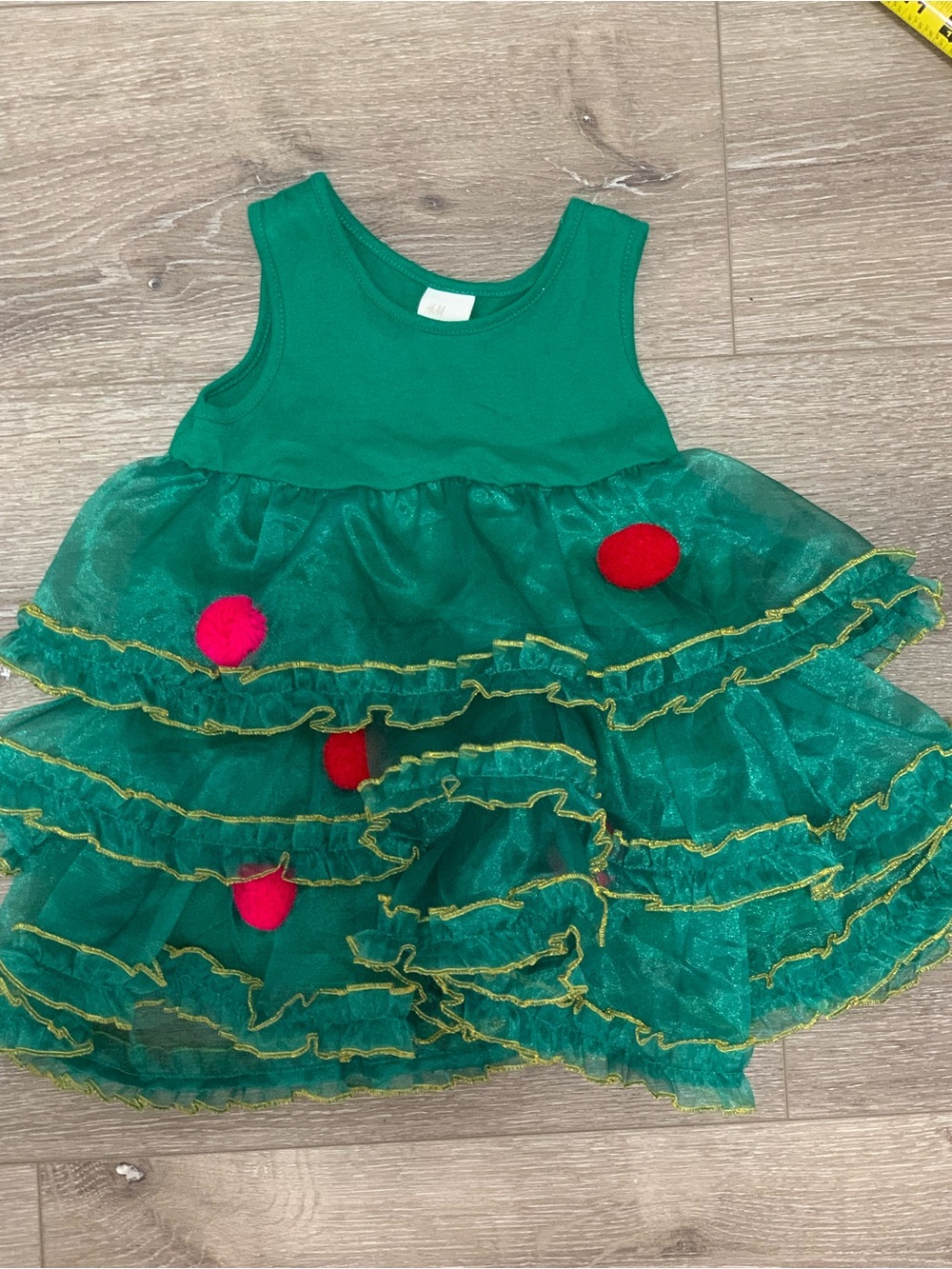H&M Green Layered Tulle Dress with Red Pom Poms Size 12-18M